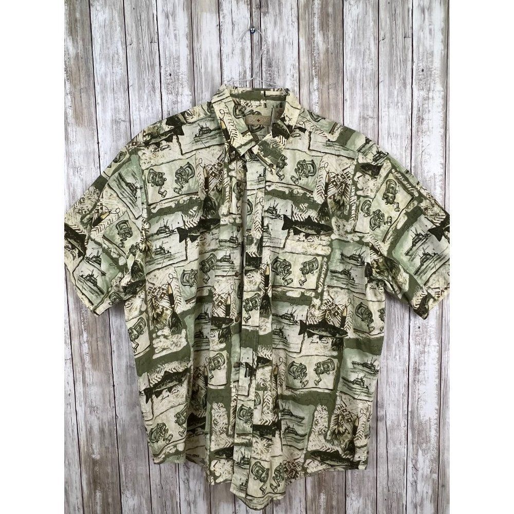 Royal Palm Reels Boats Fish Pattern Button Down Shirt Men's XL